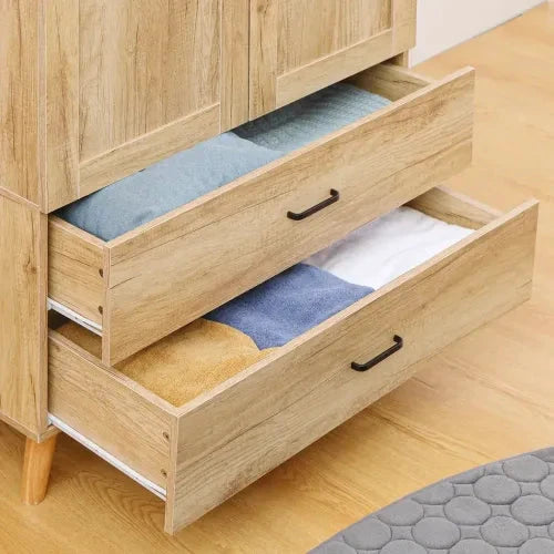 HOMCOM 2 Door Wardrobe, Modern Wardrobe w/ 2 Drawer, Hanging Rail for Bedroom Natural - Wardrobe