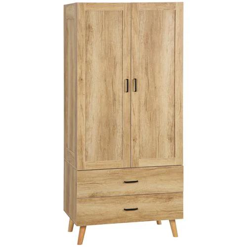 HOMCOM 2 Door Wardrobe, Modern Wardrobe w/ 2 Drawer, Hanging Rail for Bedroom Natural - Wardrobe