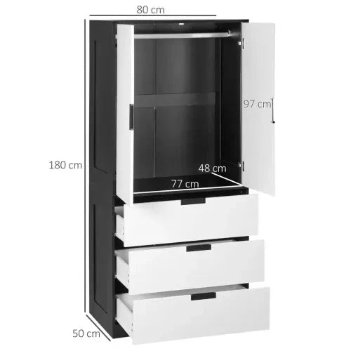 2 Door Wardrobe Modern Wardrobe with 3 Drawer and Hanging Rod for Bedroom White by HOMCOM