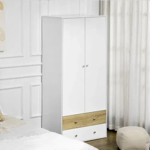 HOMCOM 2 Door Wardrobe White Wardrobe with Drawers and Hanging Rod for Bedroom - Wardrobe