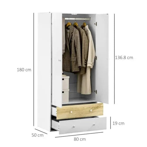 HOMCOM 2 Door Wardrobe White Wardrobe with Drawers and Hanging Rod for Bedroom - Wardrobe