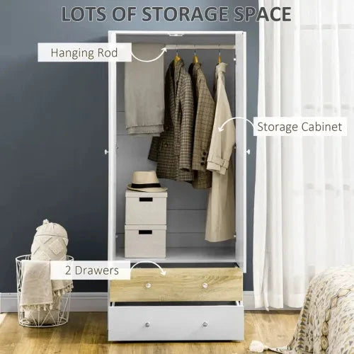 HOMCOM 2 Door Wardrobe White Wardrobe with Drawers and Hanging Rod for Bedroom - Wardrobe
