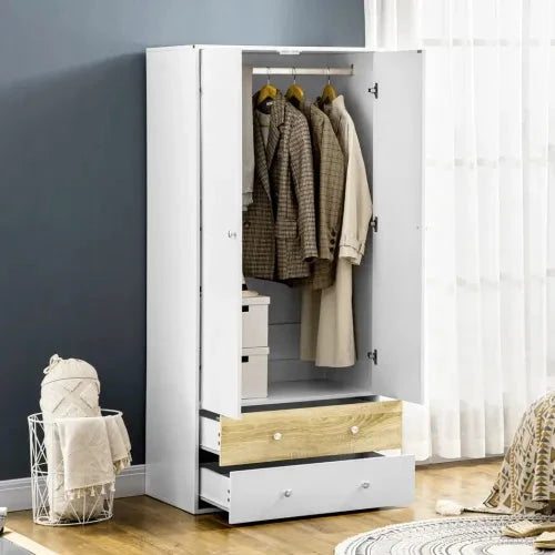 HOMCOM 2 Door Wardrobe White Wardrobe with Drawers and Hanging Rod for Bedroom - Wardrobe