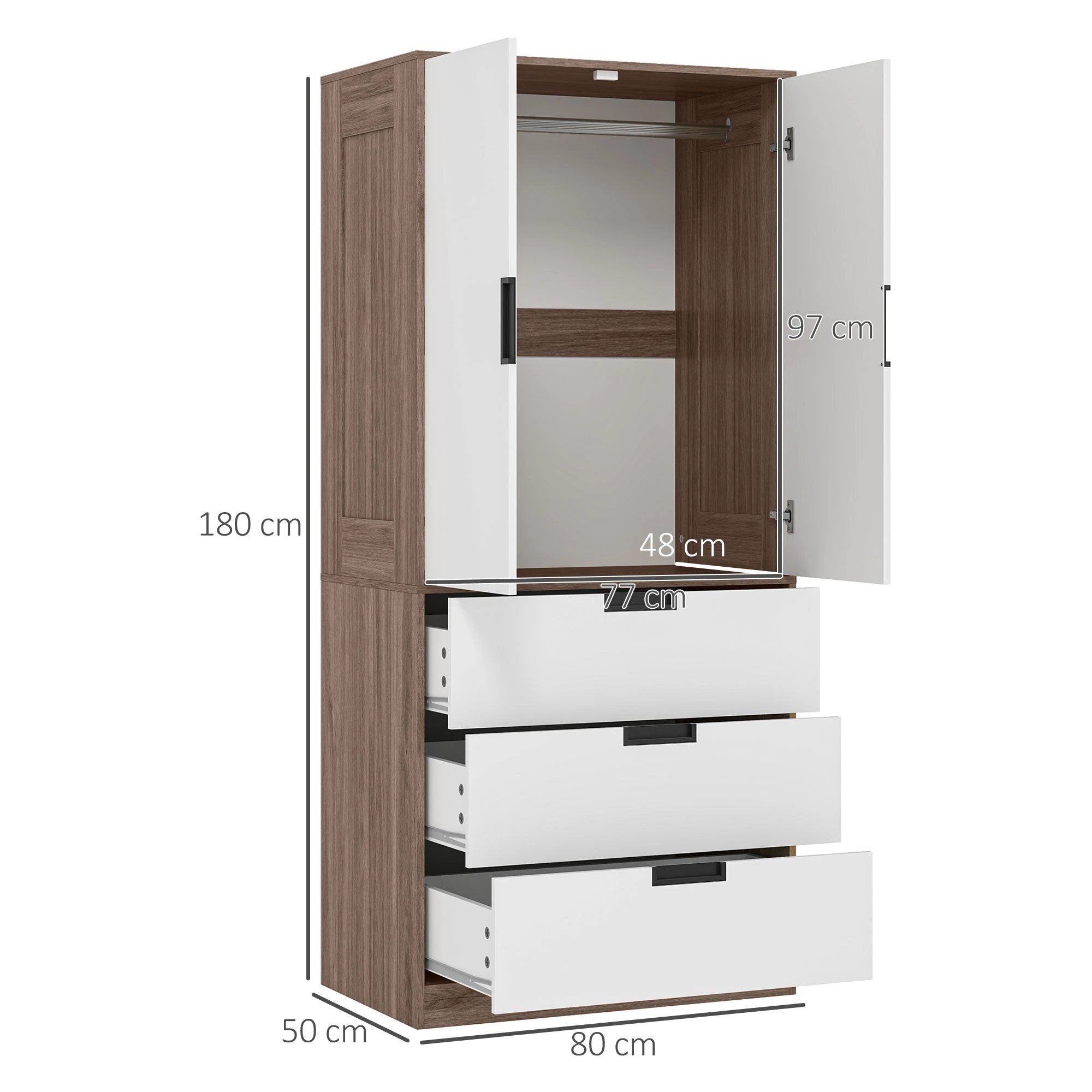 HOMCOM 2 Door Wardrobe Brown Wardrobe with 3 Drawer and Hanging Rod Brown by HOMCOM