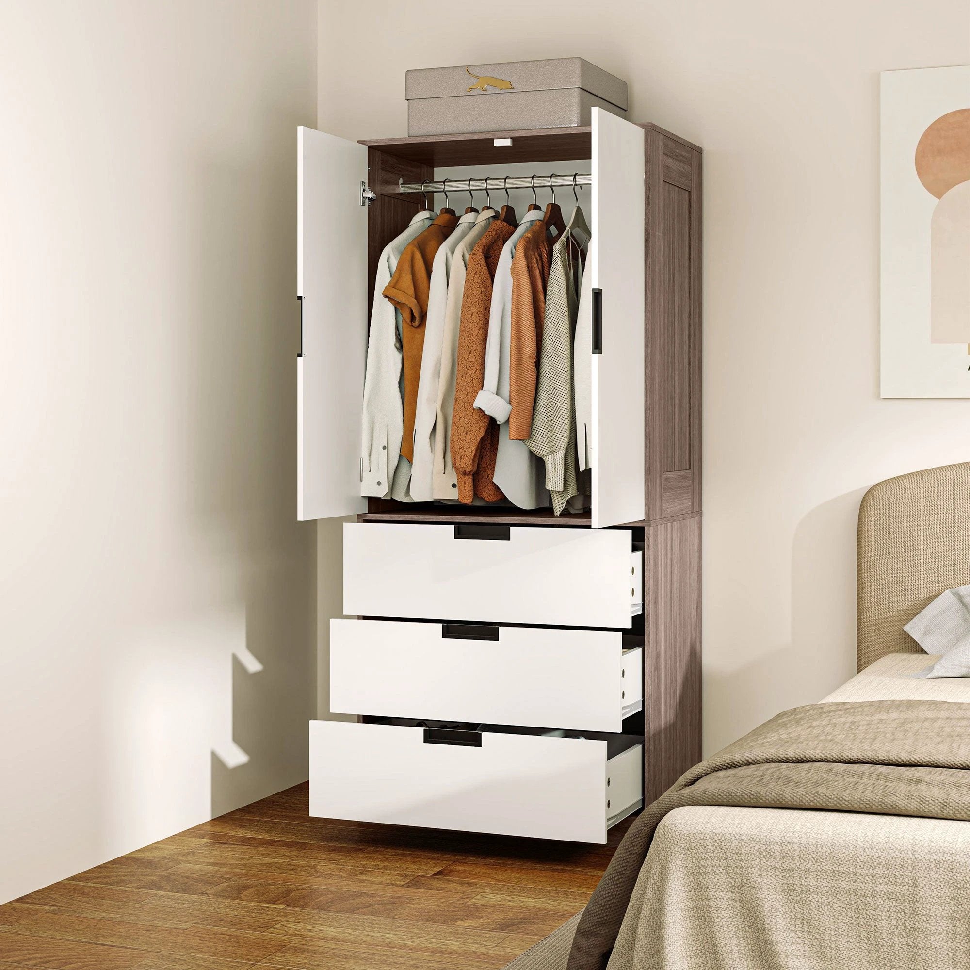 HOMCOM 2 Door Wardrobe Brown Wardrobe with 3 Drawer and Hanging Rod Brown by HOMCOM