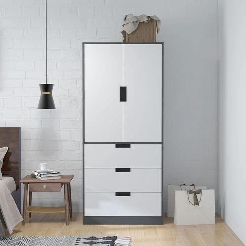 HOMCOM HOMCOM 2 Door Wardrobe Grey Wardrobe with 3 Drawer and Hanging Rod for Bedroom - Wardrobe