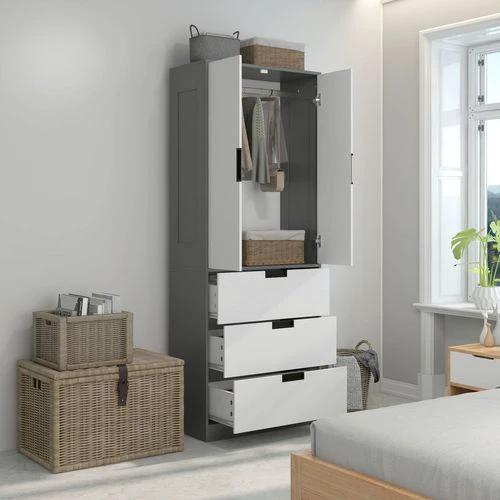 HOMCOM 2 Door Wardrobe Grey Wardrobe with 3 Drawer and Hanging Rod for Bedroom by HOMCOM