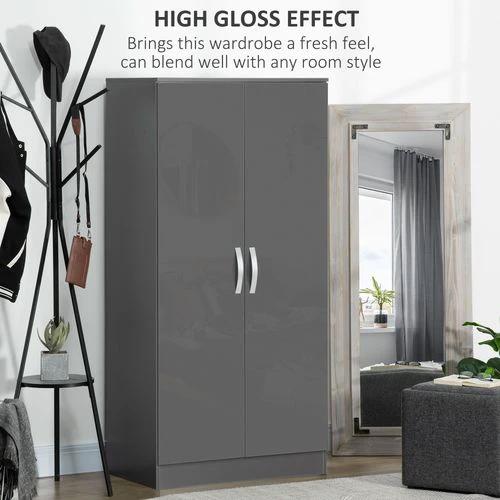 HOMCOM Modern Wardrobe Closet, Clothes Cabinet with High Glossing Door, Grey - Wardrobe