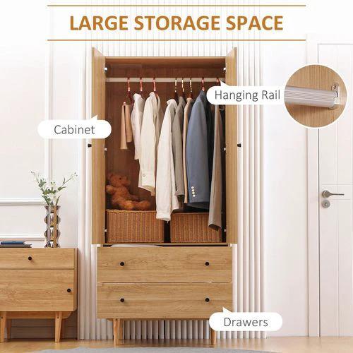 Modern Wardrobe with 2 Drawers, Hanging Rail, Clothes Organizer for Bedroom by HOMCOM