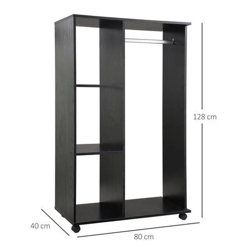 HOMCOM Rolling Open Wardrobe Hanging Rail Storage Shelves for Clothes, Black - Wardrobe