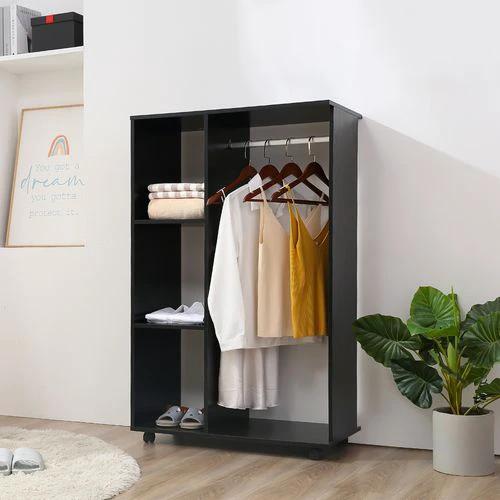 HOMCOM Rolling Open Wardrobe Hanging Rail Storage Shelves for Clothes, Black - Wardrobe