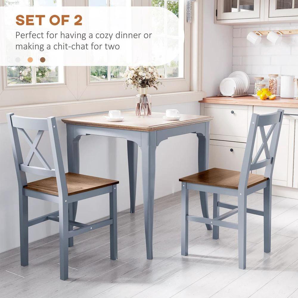 HOMCOM Dining Chairs Set of 2, Pine Wood Frame, Cross Back for Kitchen Grey - Uncategorized Wooden Chairs