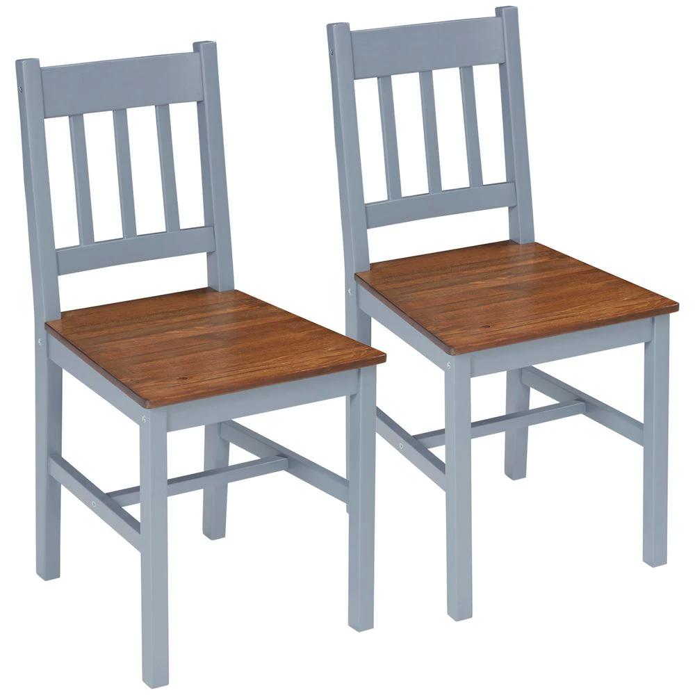 Dining Chairs Set of 2, Pine Wood Frame, Slat Back for Kitchen Grey by HOMCOM