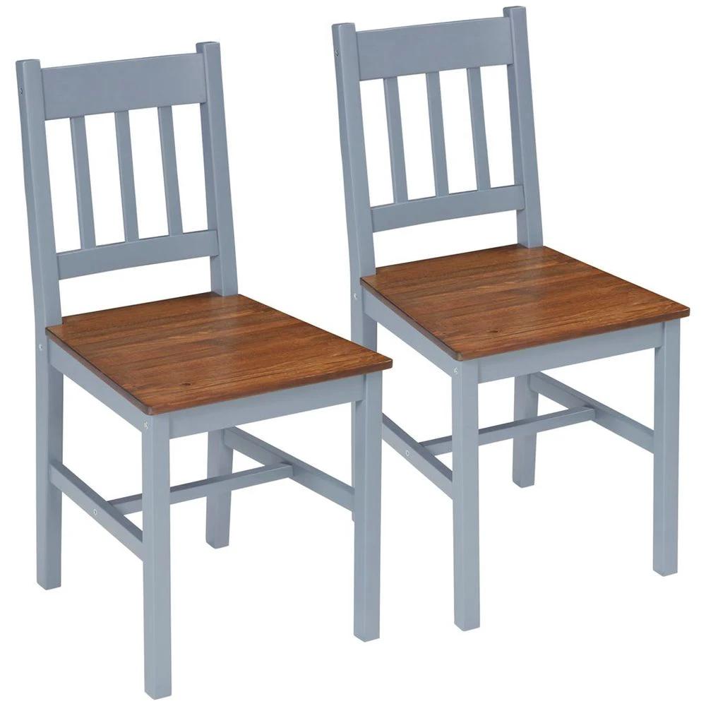 Dining Chairs Set of 2, Pine Wood Frame, Slat Back for Kitchen Grey by HOMCOM