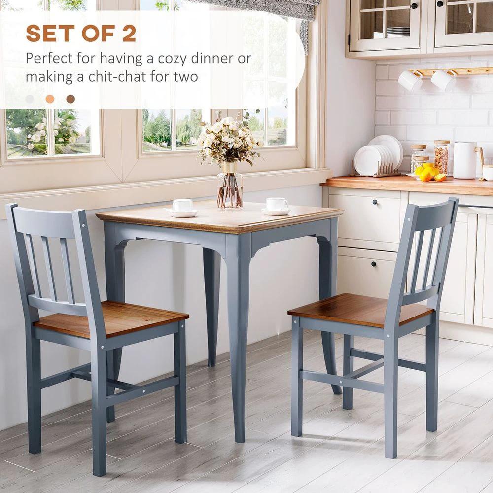 HOMCOM Dining Chairs Set of 2, Pine Wood Frame, Slat Back for Kitchen Grey - Uncategorized Wooden Chairs