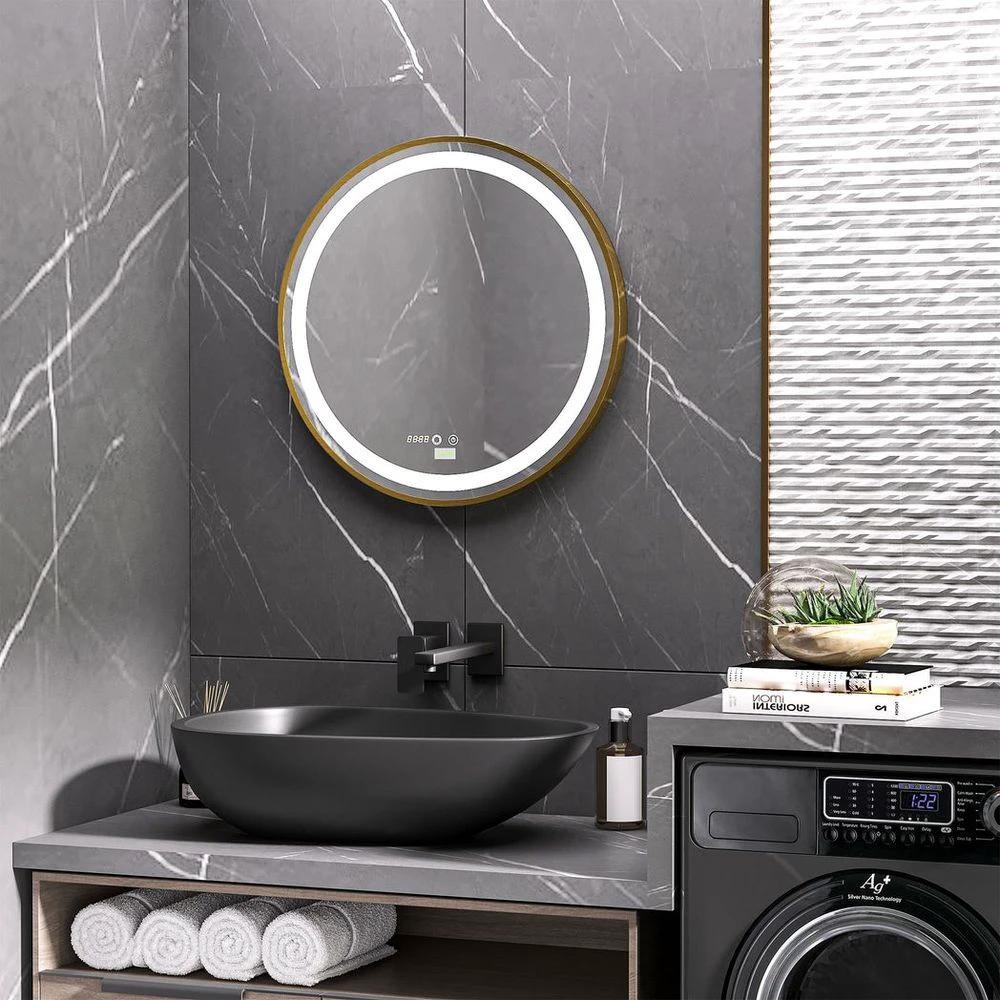 kleankin LED Bathroom Mirror Wall Mounted Round Vanity Mirror w/ Lights, Time Display - Mirror
