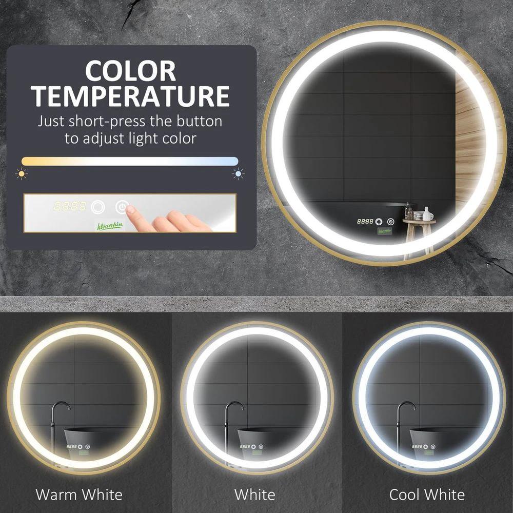 LED Bathroom Mirror Wall Mounted Round Vanity Mirror w/ Lights, Time Display by kleankin