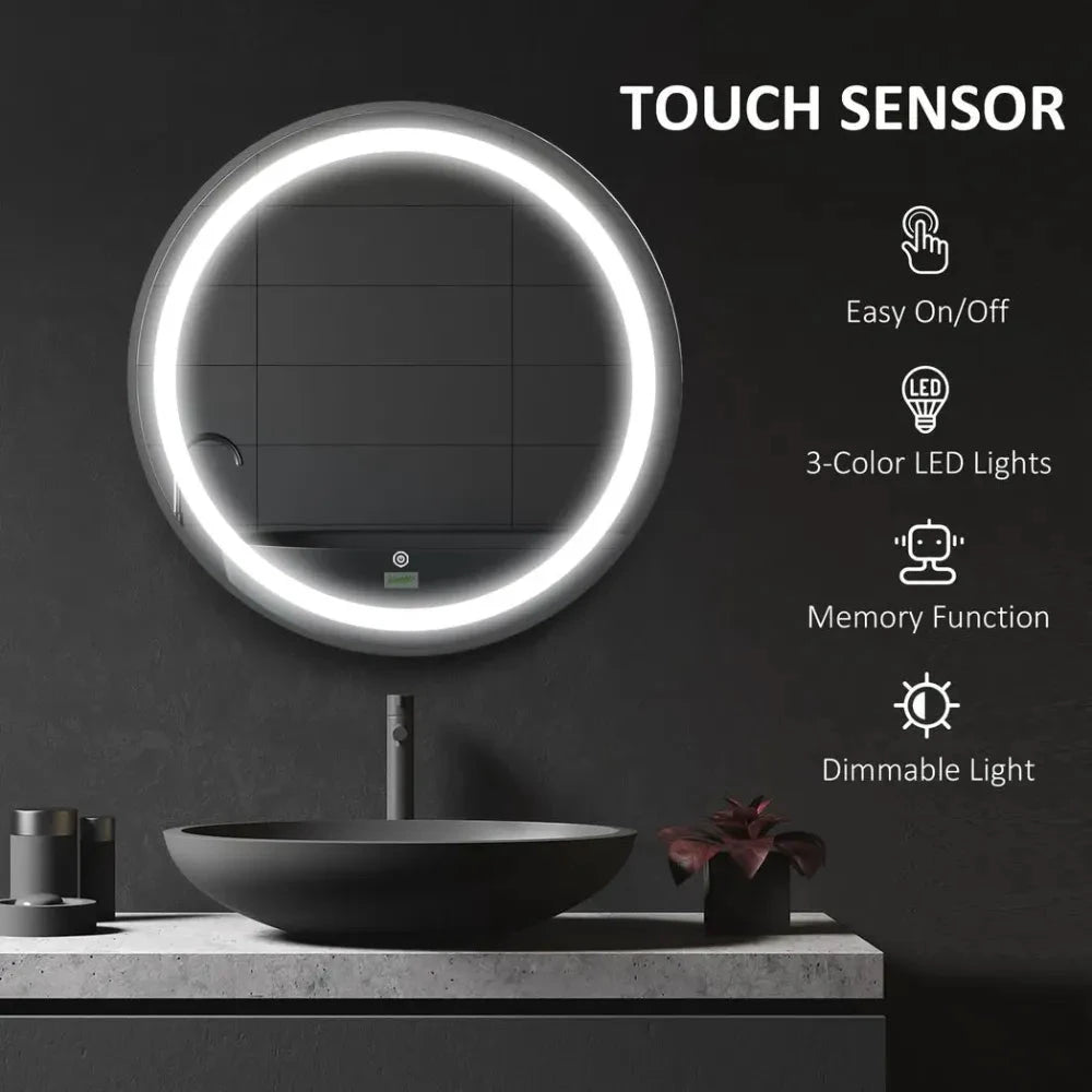 LED Smart Bathroom Mirror Wall Mounted Round Vanity Mirror w/ Lights, Black by kleankin