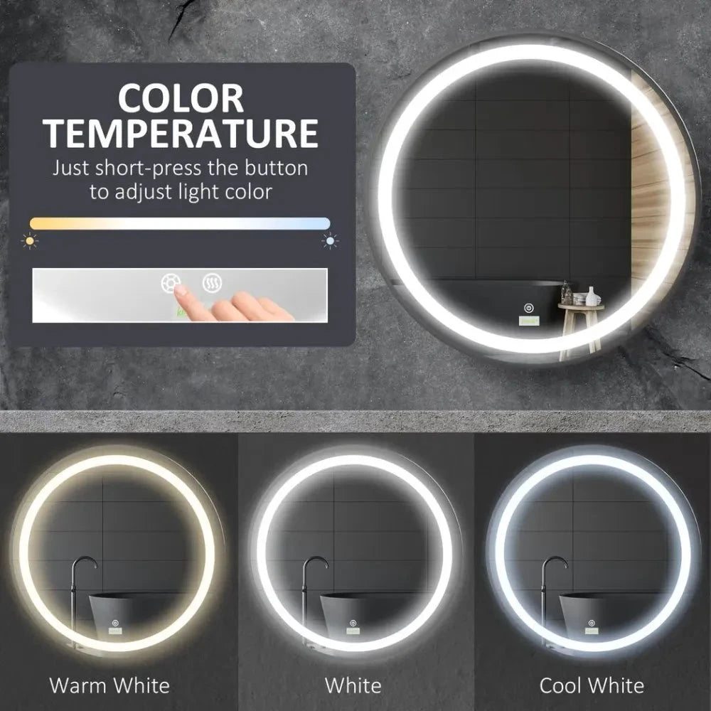 LED Smart Bathroom Mirror Wall Mounted Round Vanity Mirror w/ Lights, Black by kleankin