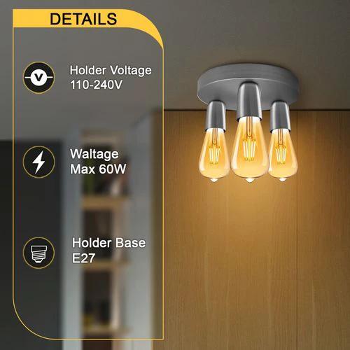 LEDSONE Satin Nickel Vintage Ceiling Light 3 Way Ceiling E27 Lamp Base Semi Flush Ceiling Lamp - Ceiling Lights