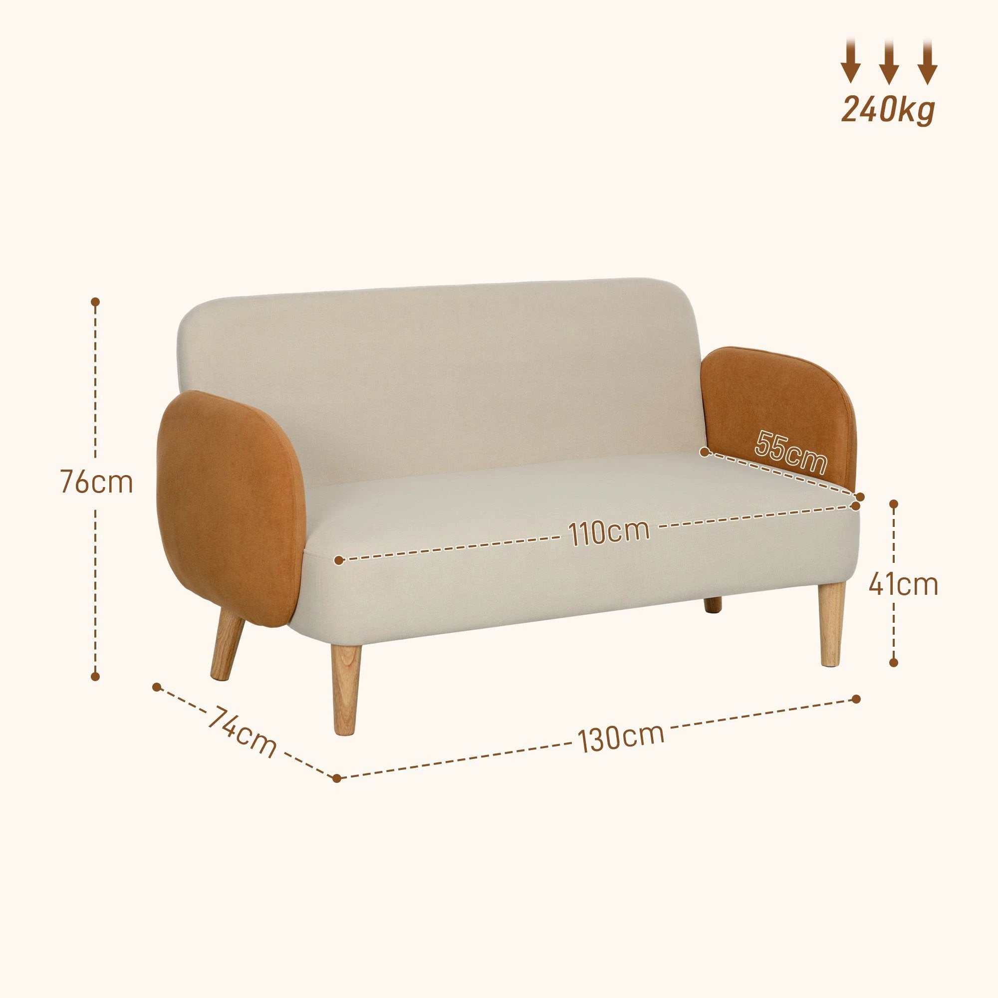 HOMCOM Modern 2 Seater Sofa w/ Rubber Wood Legs 130 x 74 x 76cm - Sofa