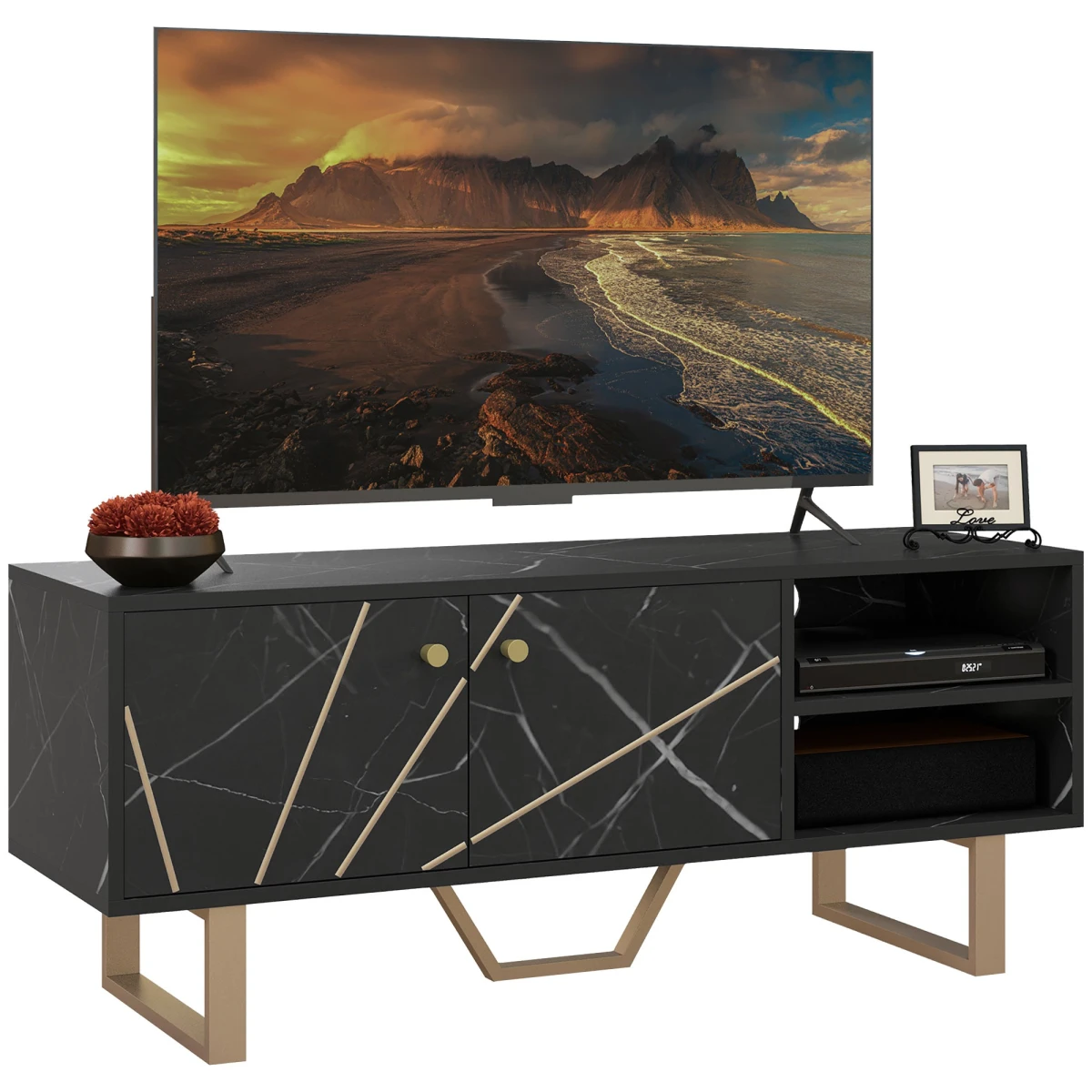 HOMCOM TV Unit Black Marble With Storage For Living Room by HOMCOM