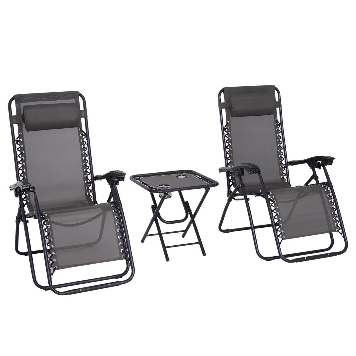 Unbranded 3PC Zero Gravity Chairs Sun Lounger Table Set Cup Holders Dark Grey Outsunny - Garden Set