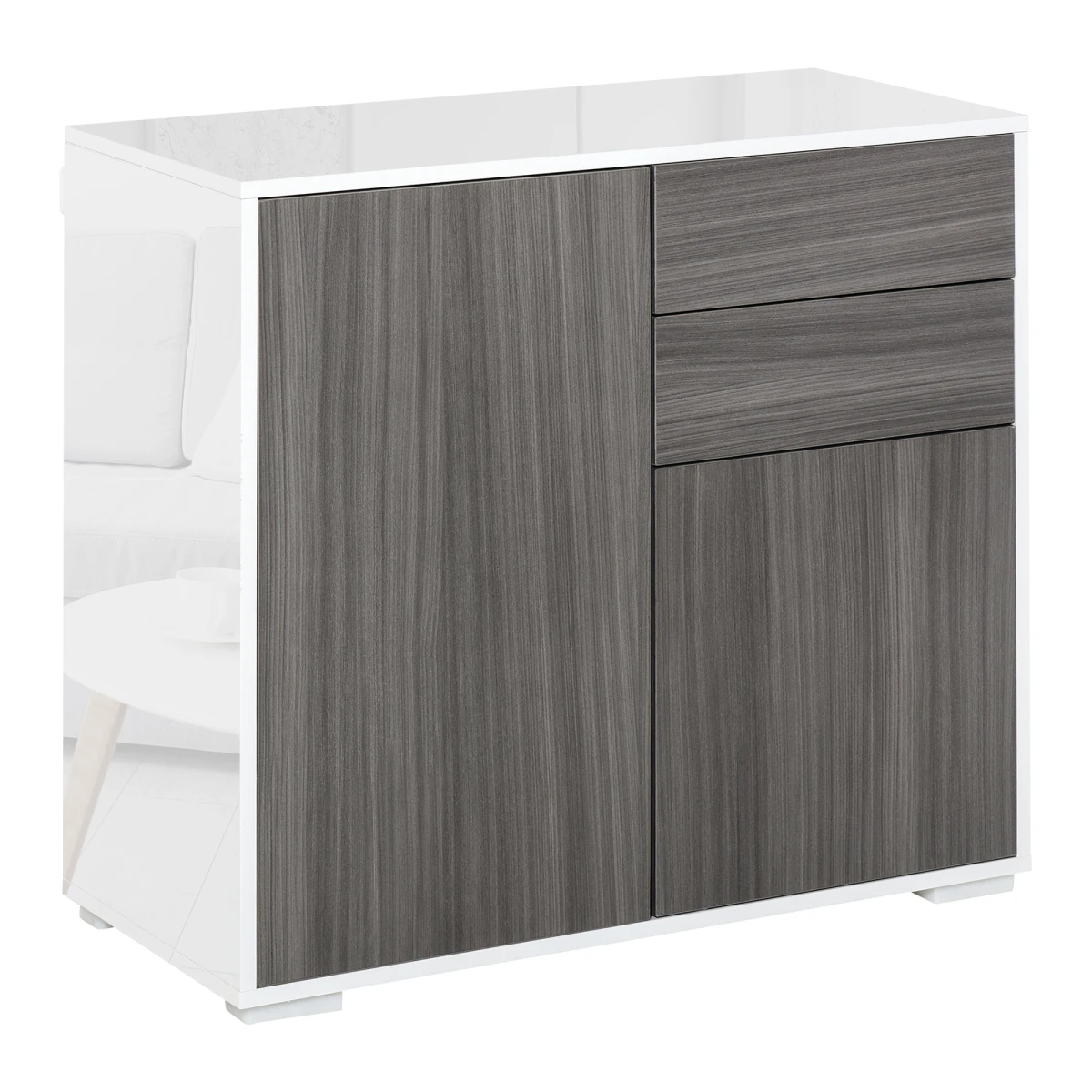 HOMCOM Premium Side Cabinet Compact Two Doors Two Drawers Glossy Top Matte Front Grey For Home Office - Sideboard
