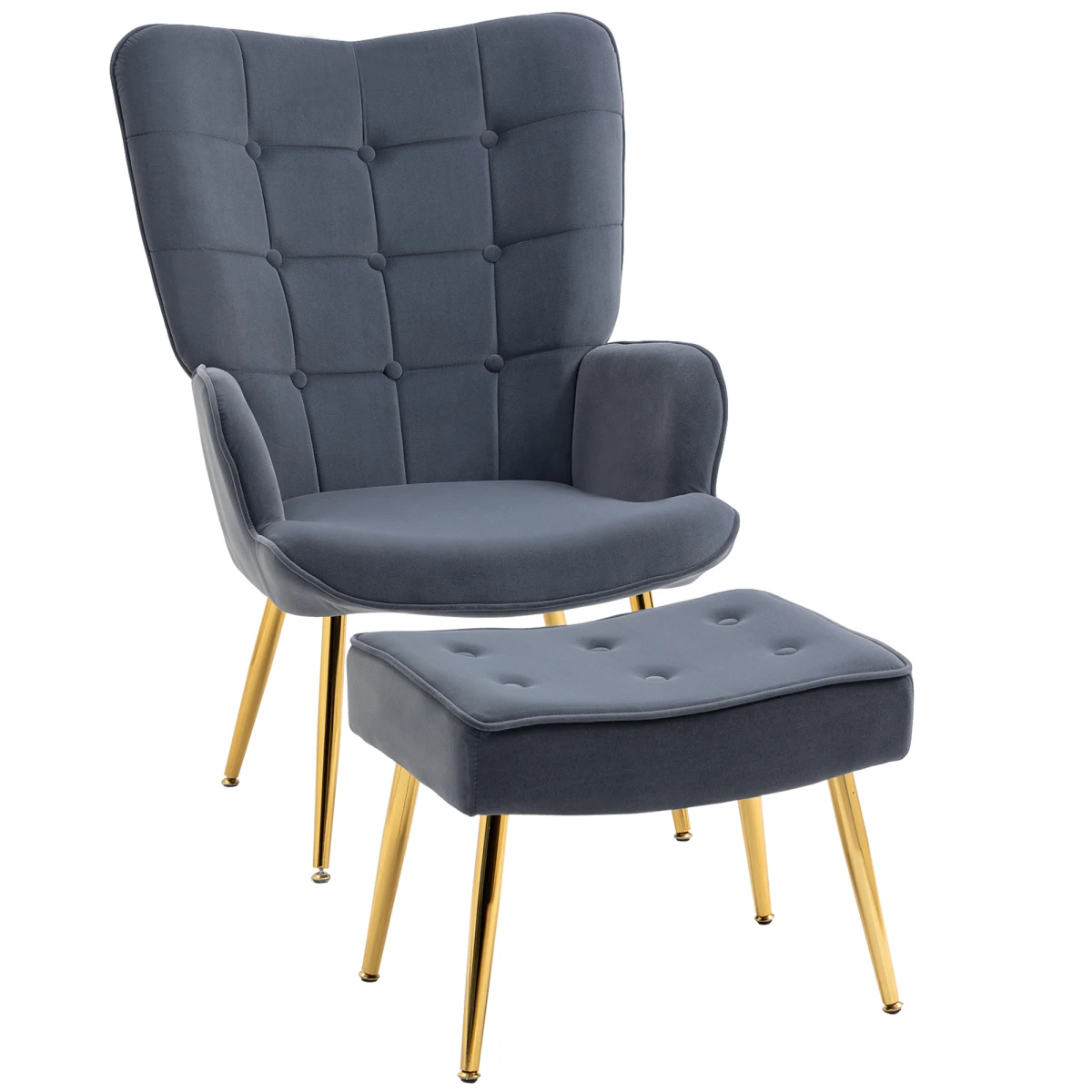 HOMCOM Armchair Footstool Button Tufted Gold Legs - Armchair