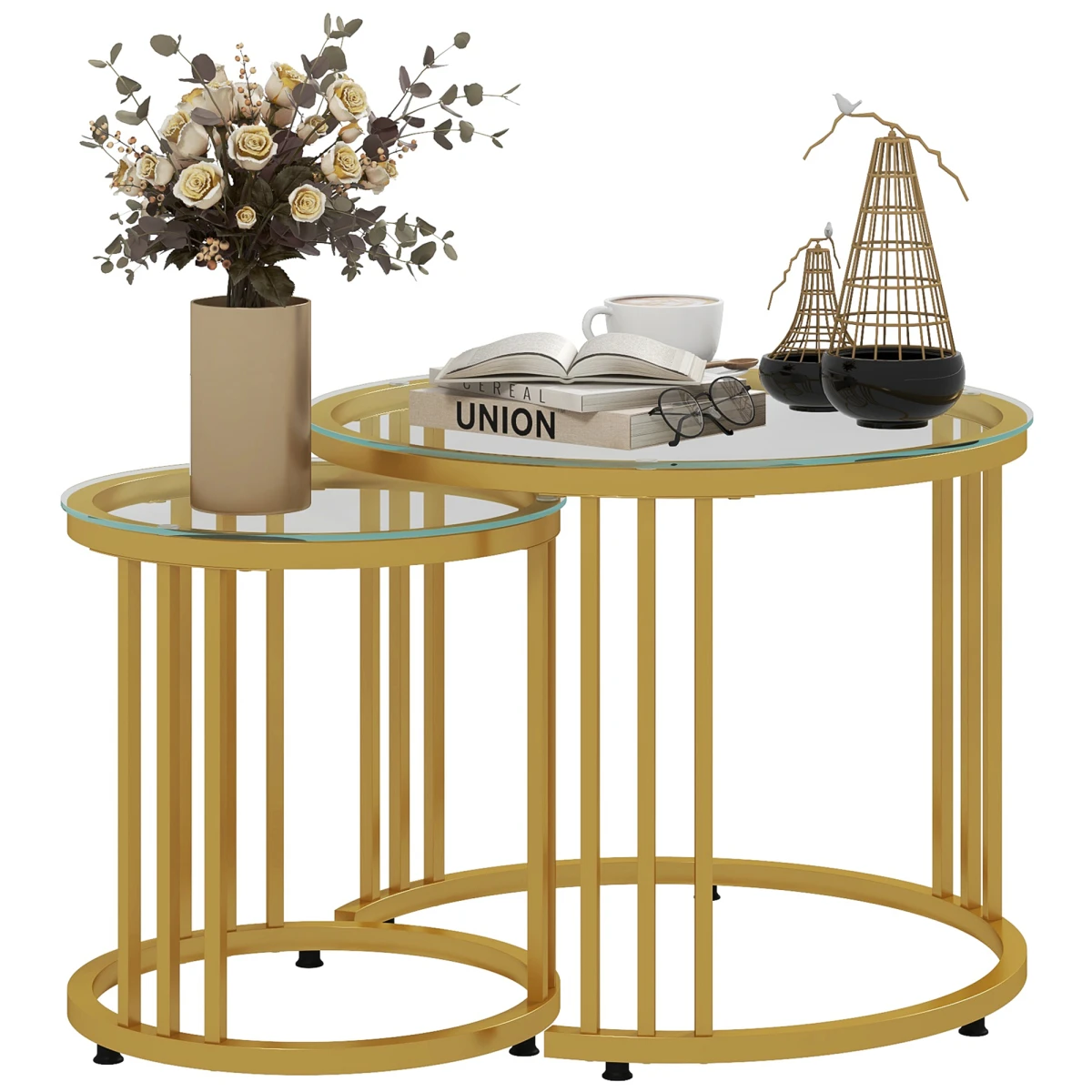 HOMCOM Nesting Coffee Tables Two Piece Set Tempered Glass Tops Gold Art Deco Living Room Decor - Nest of Tables