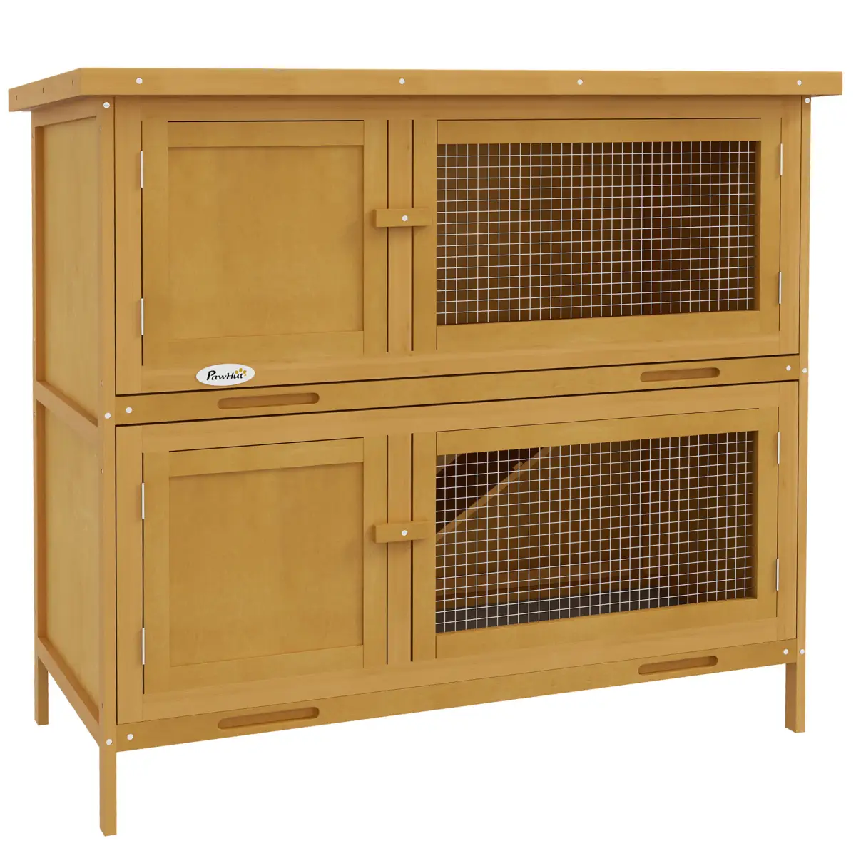 PawHut PawHut Double Decker Rabbit Hutch Bunny Cage Pet House Outdoor with Tray, Yellow - Rabbit Hutch