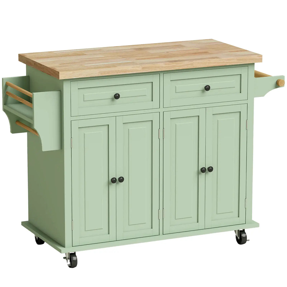 HOMCOM Rolling Kitchen Island Storage Trolley with Rubber Wood Top & Drawers for Dining Room, Light Green - from HOMCOM