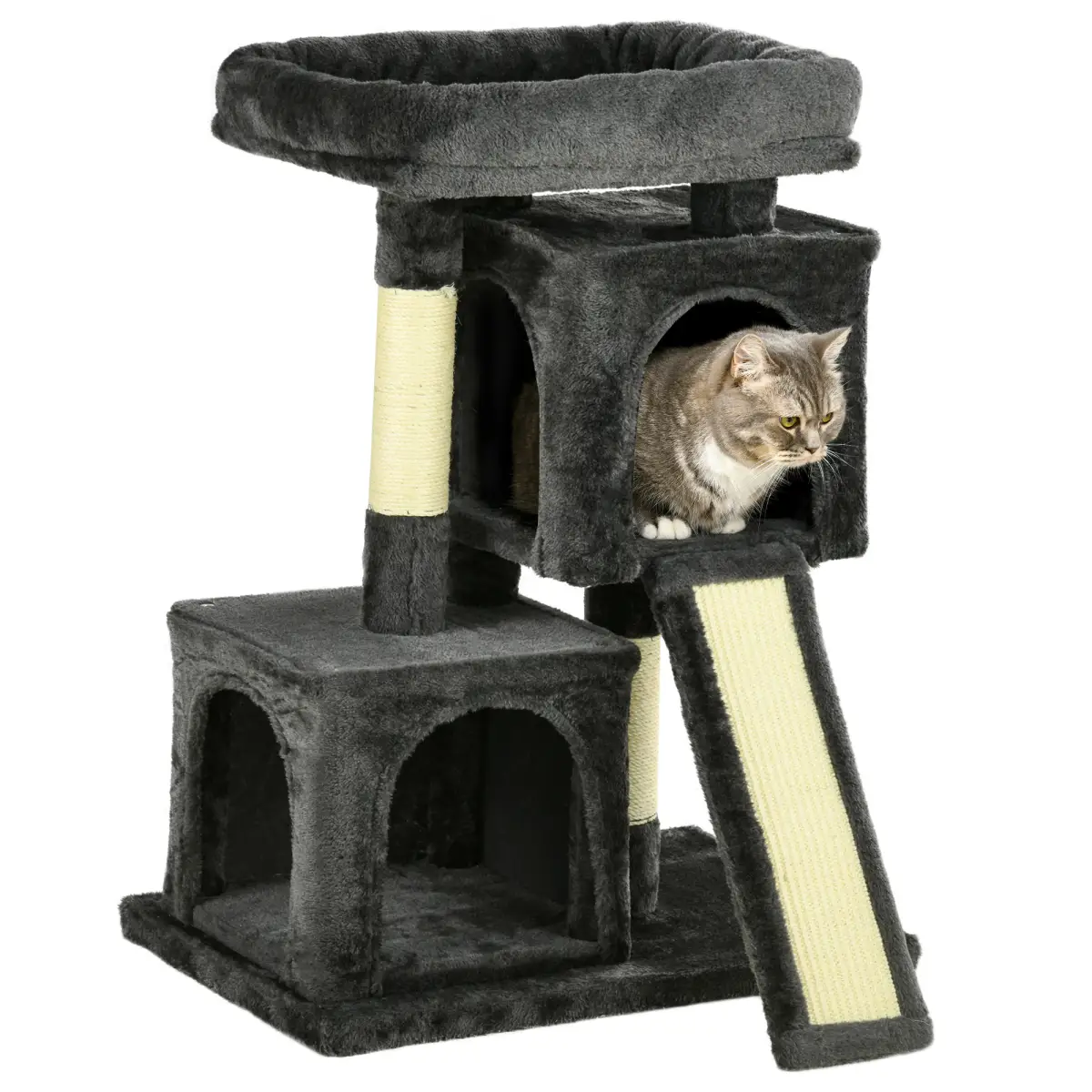 Unbranded Cat Rest & Play Activity Tree w/ 2 House Perch Scratching Post Black Pawhut - Cat Tree
