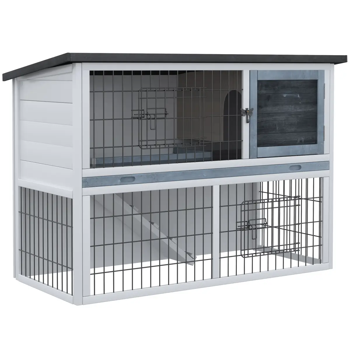 Pawhut Rabbit Hutch and Run w/ Removable Tray Openable Top for Indoors & Outdoors Grey - Rabbit Hutch