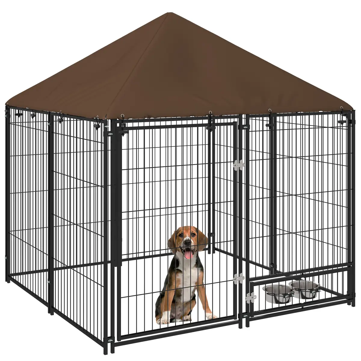 PawHut Outdoor Dog House Kennel with Canopy Top & Secure Lock Rotating Bowl Holder - Dog Kennel