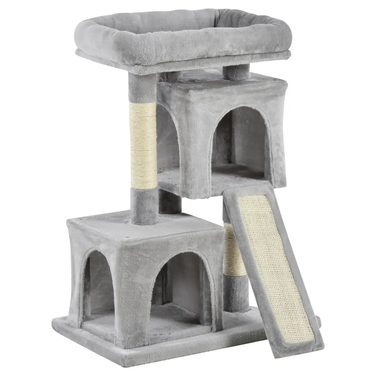 Pawhut Cat Rest & Play Activity Tree w/ 2 House Cushion Perch Scratching Post Grey - Cat Tree