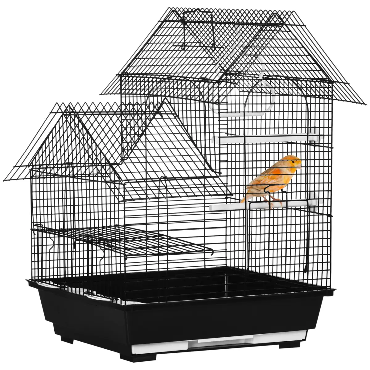 PawHut Metal Bird Cage w/ Plastic Perch, Food Container, Swing Ring, Handle - Black - Bird Cage