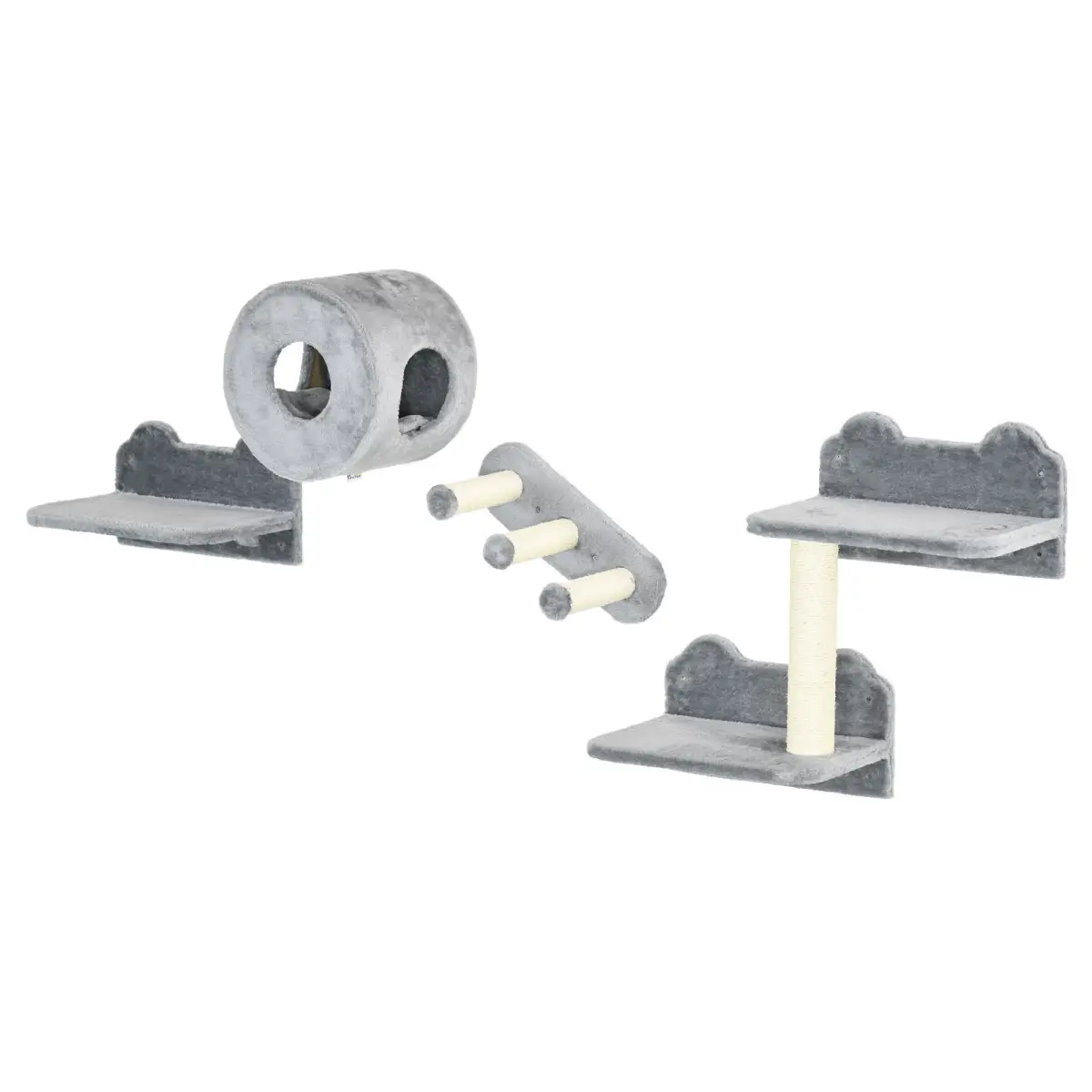 PawHut Four-Piece Wall-Mounted Cat Tree with Platforms, Steps, Perch, Cat House - Grey - Cat Tree