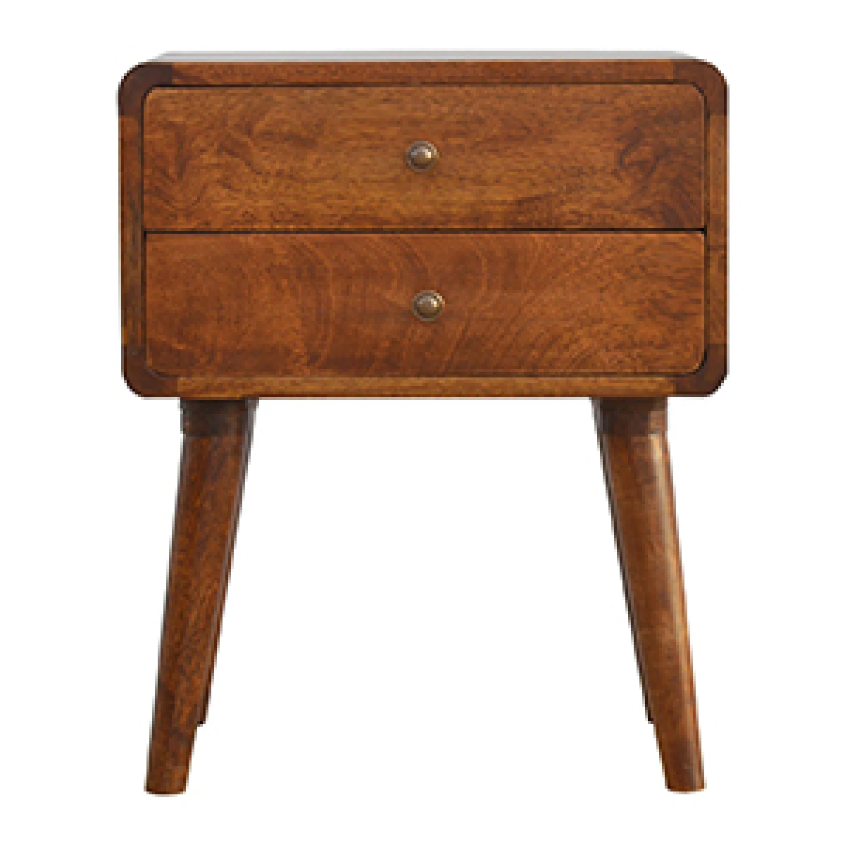 Artisan Bedside Table Compact Nightstand Solid Mango Wood 2 Drawers Curved Chestnut Finish for Bedroom Decor by Artisan Furniture