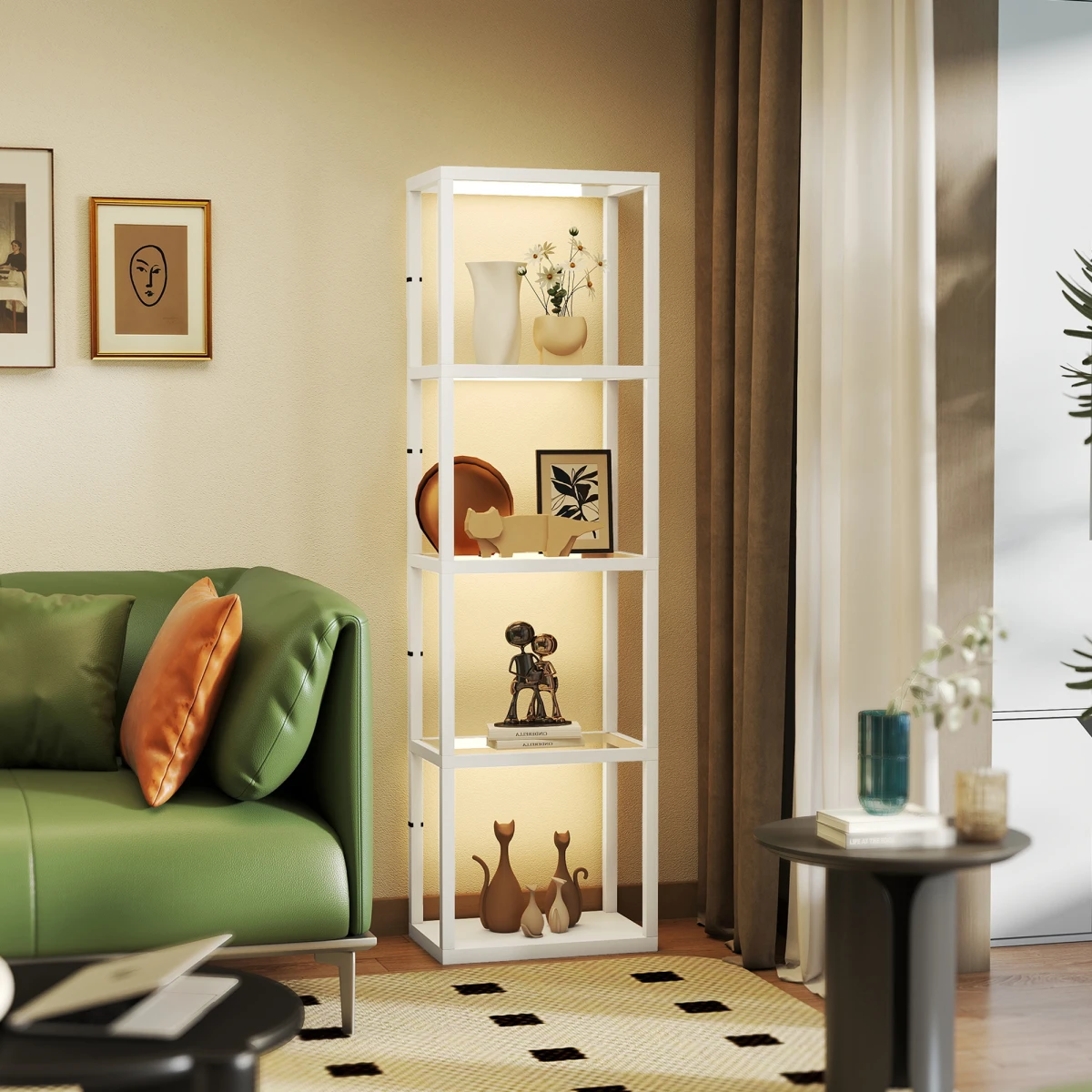 Premium Floor Lamp Tall Four Tier Display Shelves with Tempered Glass and Warm White LED for Home Decor by N/A