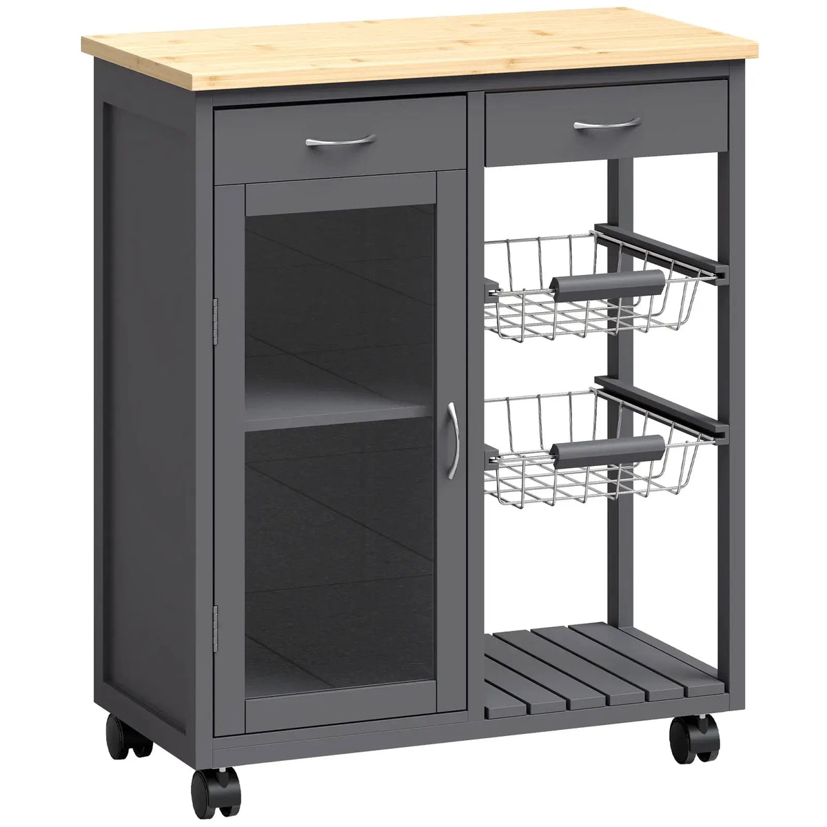 HOMCOM Bamboo Kitchen Island, Rolling Kitchen Trolley with Glass Door, 2 Metal Wire Baskets and Adjustable Shelf, Grey - from HOMCOM
