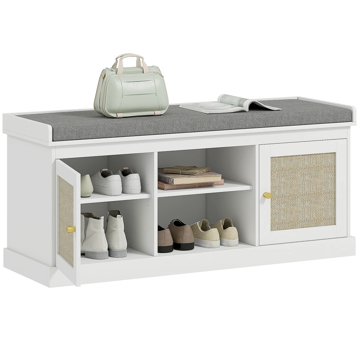 HOMCOM HOMCOM Shoe Bench, Boho Shoe Storage Bench with Padded Cushion, White -