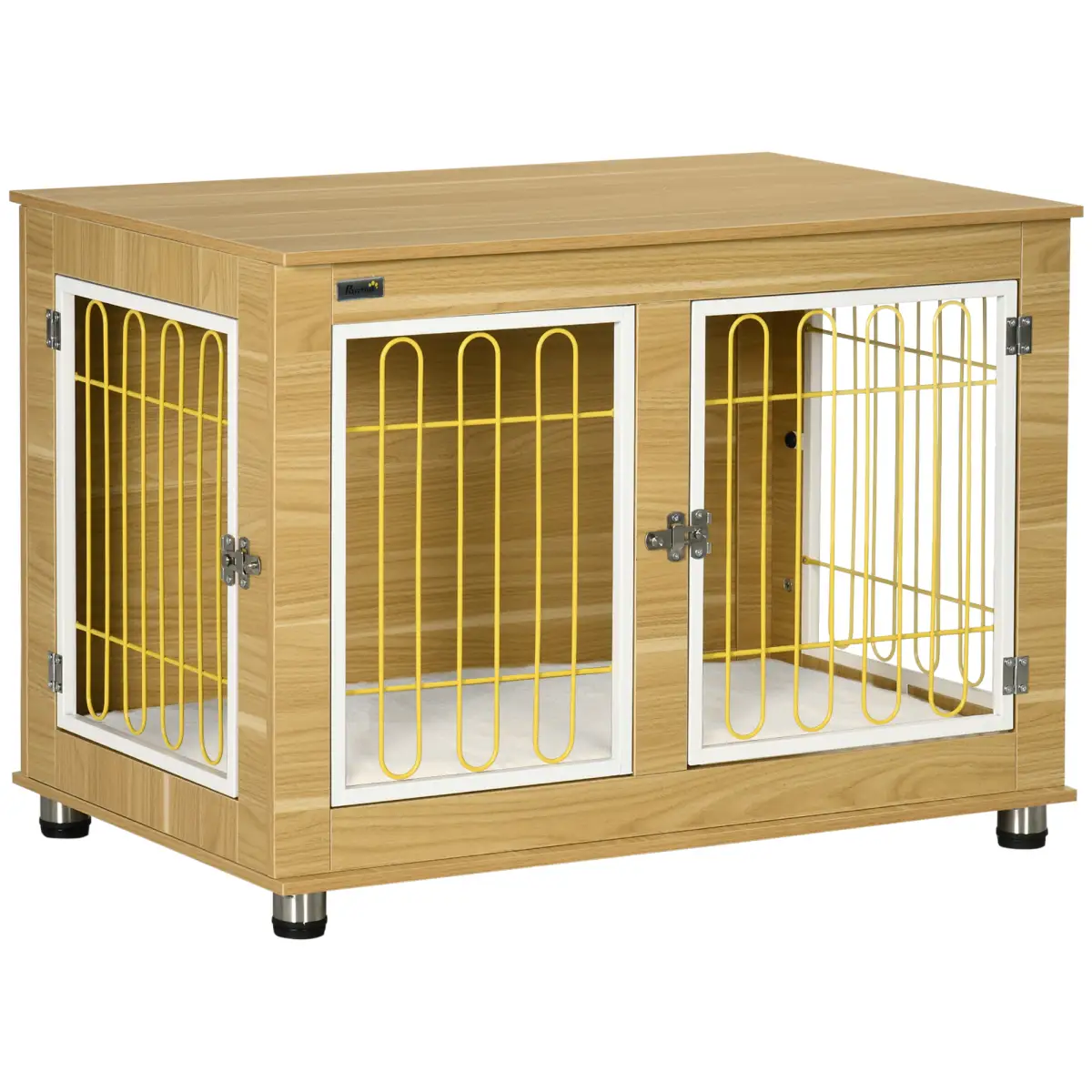 PawHut Dog Crate Furniture, Dog Crate End Table w/ Soft Cushion, Double Door - Oak Tone - Dog Crate