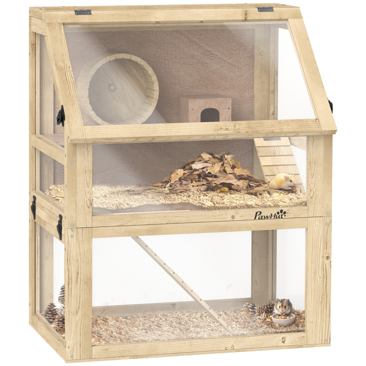 PawHut Wooden Hamster Cage w/ Detachable Bottom, Hut, Seesaw, 60 x 40 x 75cm - from PawHut