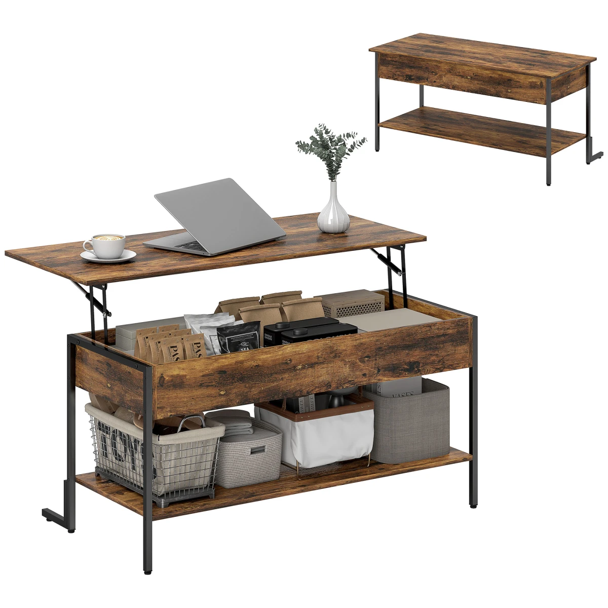 HOMCOM Industrial Lift Top Coffee Table With Storage Shelf Rustic Brown For Living Room And Home Office by HOMCOM
