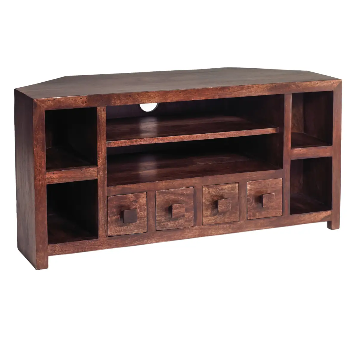 Contemporary Corner TV Unit In Dark Mango Finish, Sustainable Mango Wood, Fully Assembled, Open Shelves And 4 Drawers