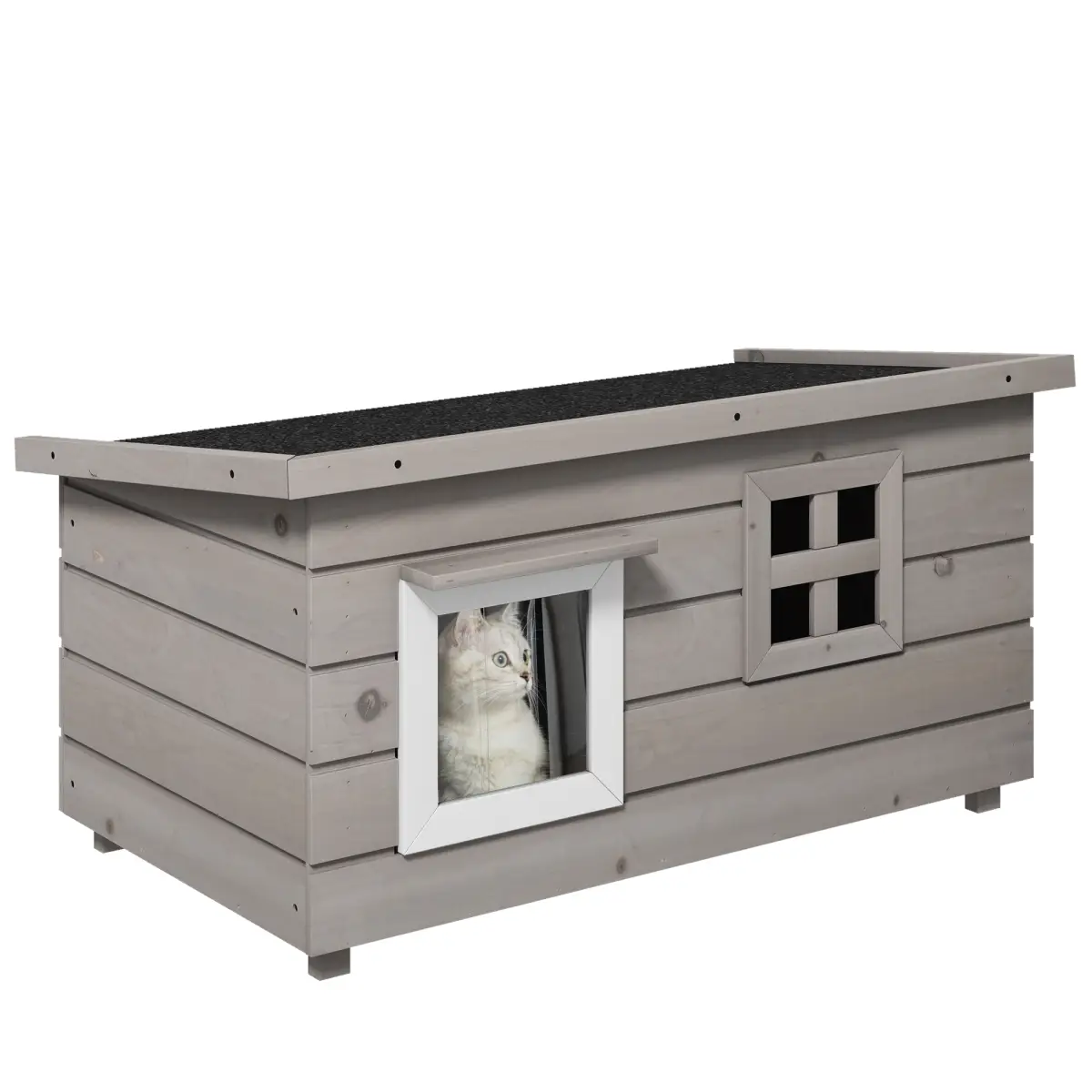 PawHut Wooden Cat House Outdoor with Openable Top, Asphalt Roof, Window Grey - Cat House