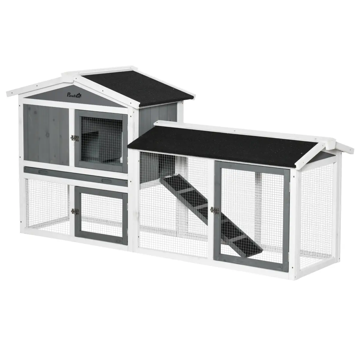 Pawhut Two-Tier Wooden Rabbit Hutch Small Animal House w/ Run Box, Slide-Out Tray, Ramp - Rabbit Hutch