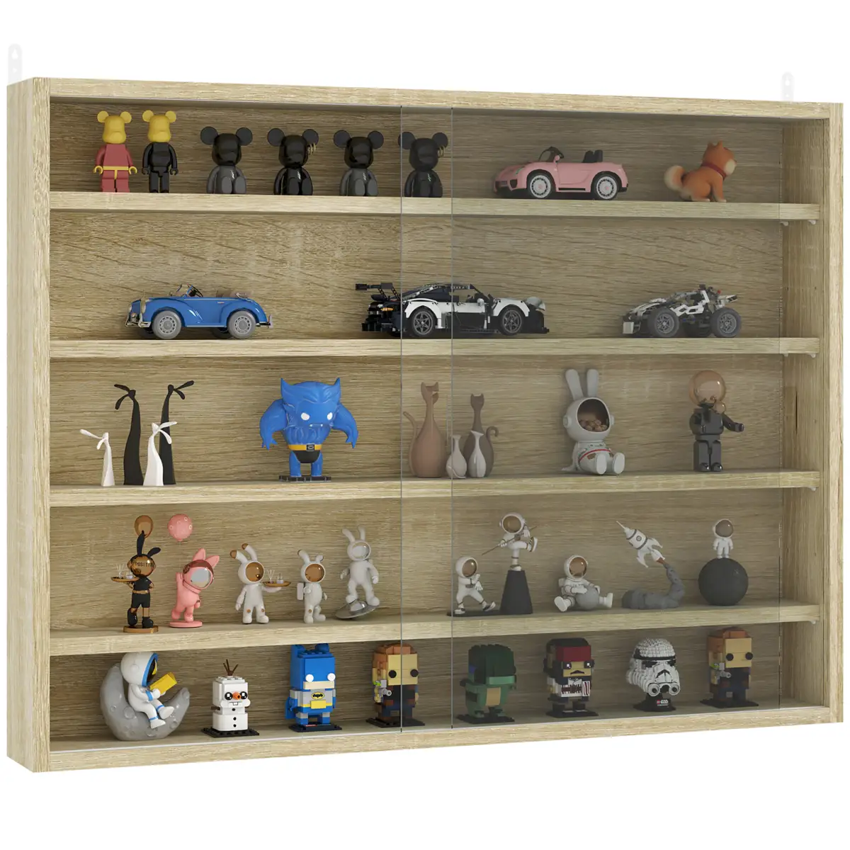 HOMCOM HOMCOM 5-Tier Wall Display Shelf Unit Cabinet w/ Shelves Glass Doors Oak - Display Cabinet
