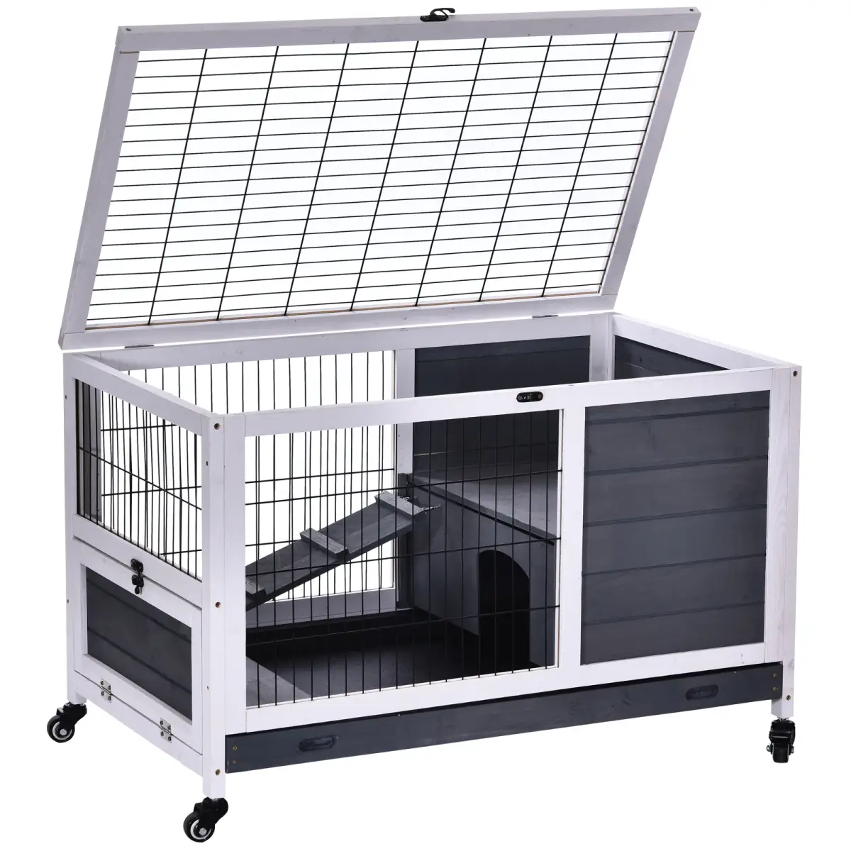 Unbranded Wood Indoor Rabbit Hutch Elevated 2-Floor Guineas Pigs Cage w/ Wheels Pawhut - Rabbit Hutch